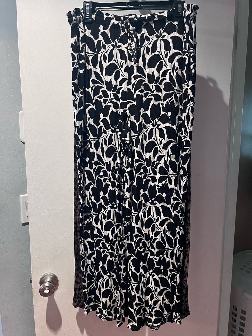Maurices Black & White Wide Leg Pants with Leaf Print